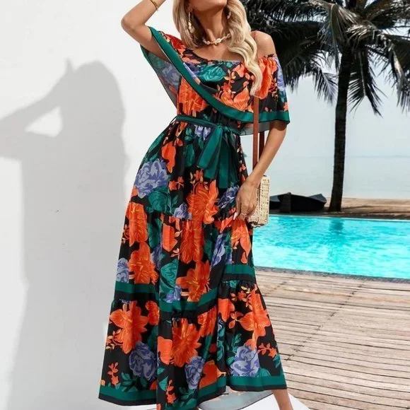 Multicolor Boho Womens Floral Print Off Shoulder Belted A-line Dress - Picture 2 of 5